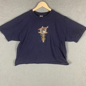Vtg Anvil Shirt Cat Lady Women XL Crop Embroidered Birdhouse Navy Blue USA